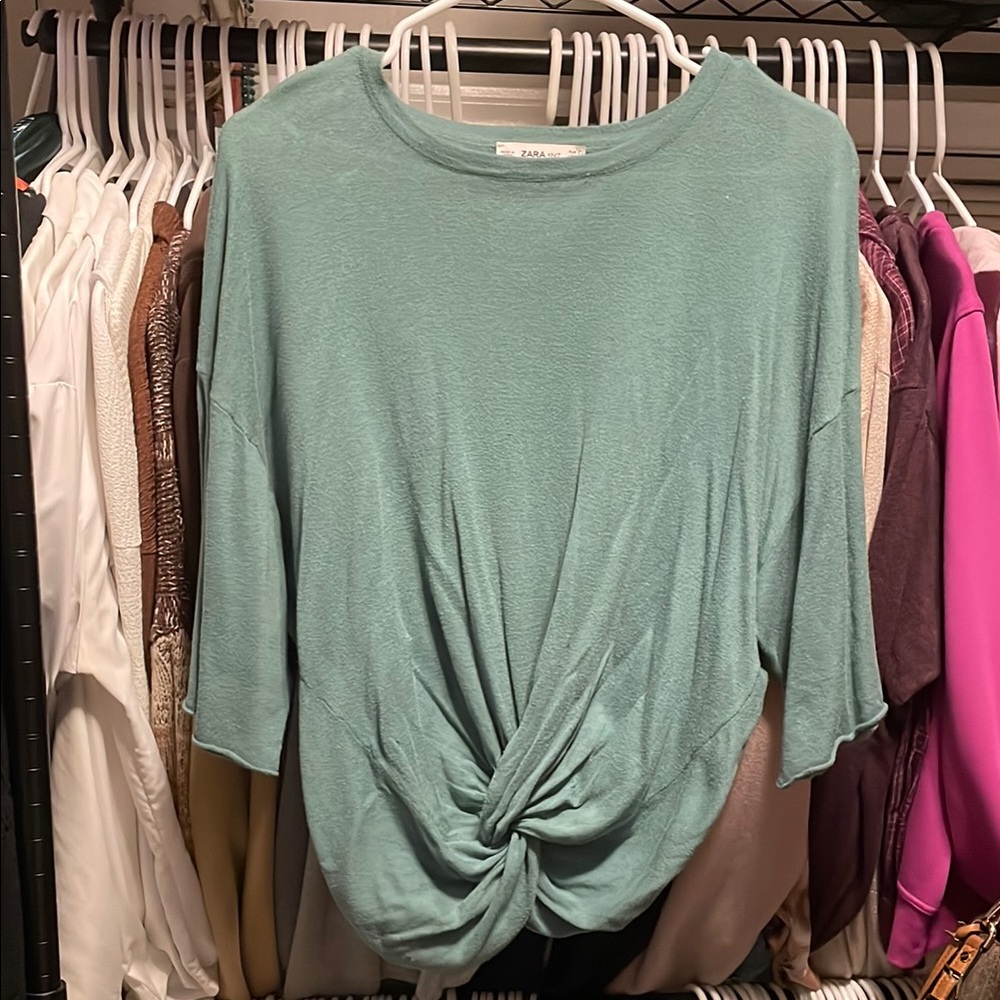 ZARA Knit Front Knot Tee – Sage Green, Size L